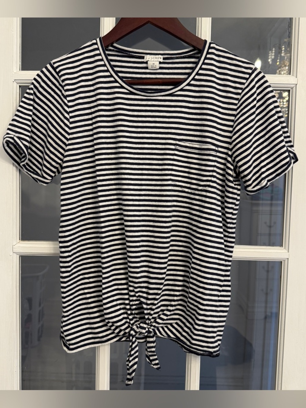 J. CREW Women’s Navy Blue & White Striped Short Sleeve Tie Front Tee Size M